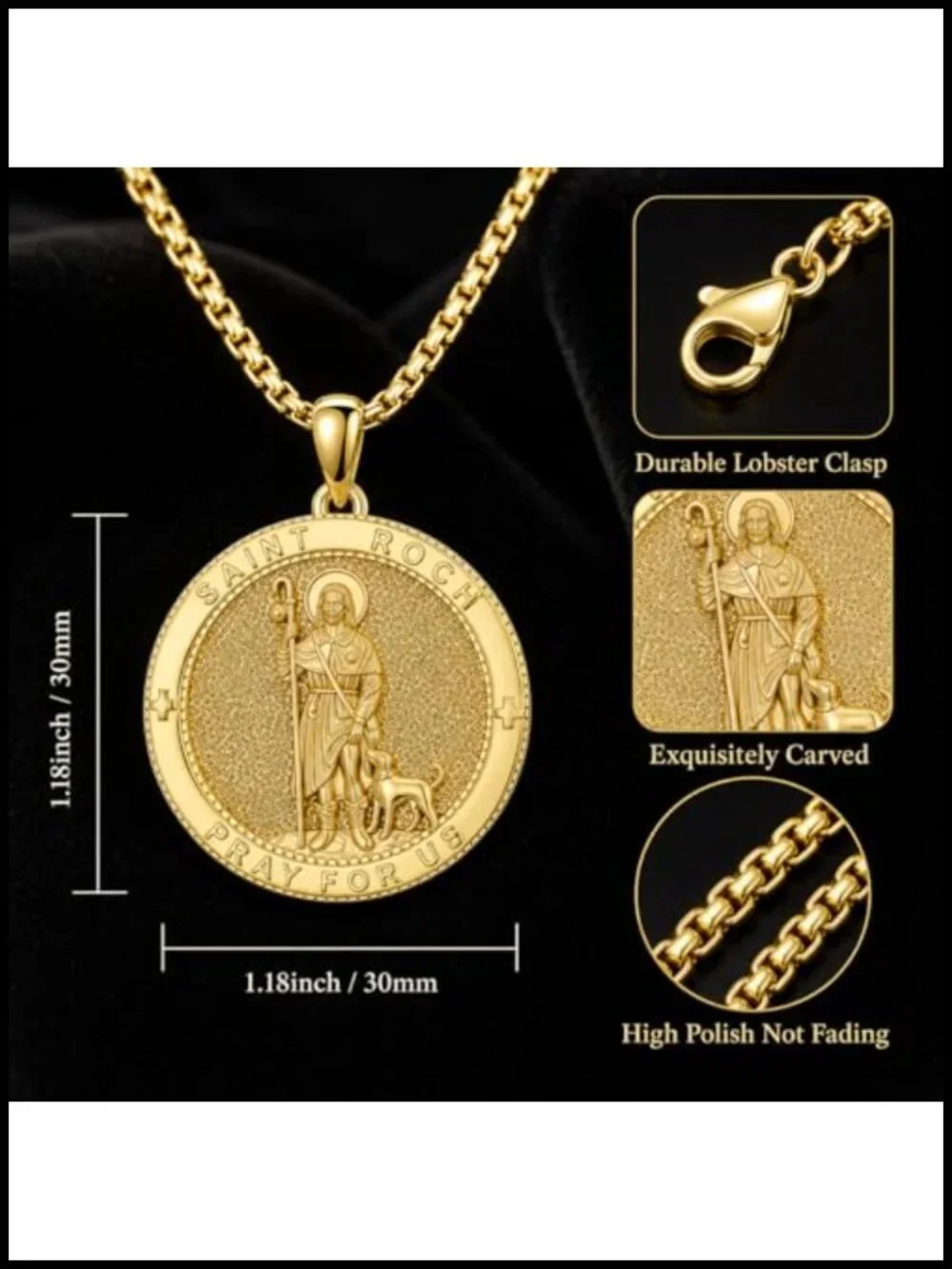 14K Gold Plated St Roch Catholic Medal Pendant Necklace Stainless Steel Chain